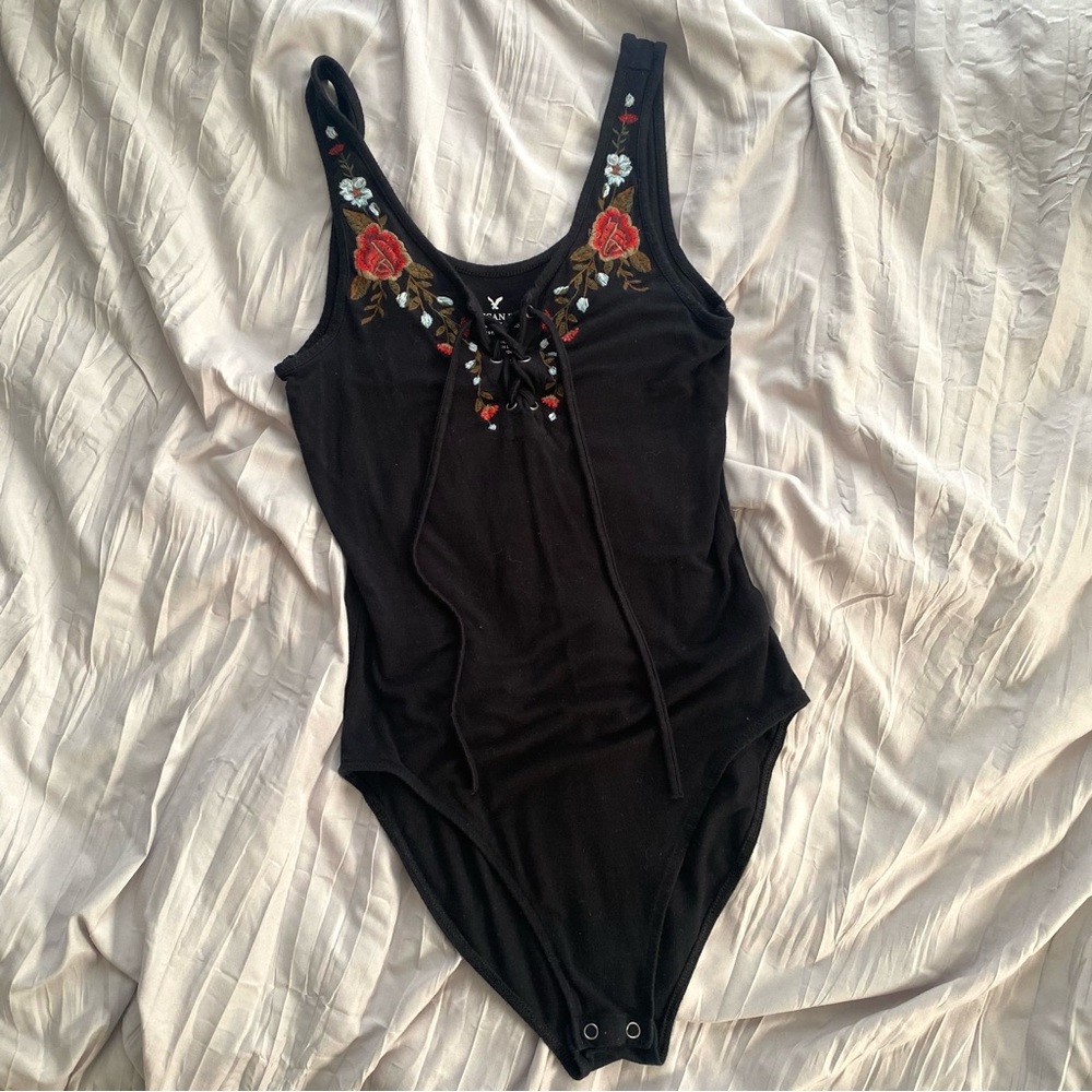 American Eagle Embroidered Boho Black Body Suit